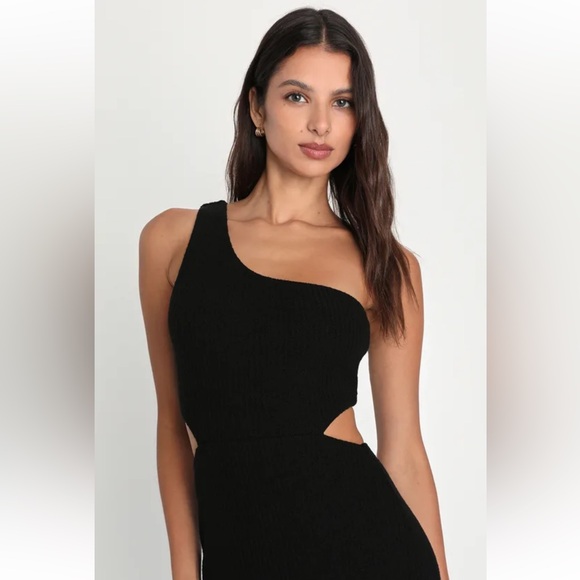 Lulus Black Ribbed One-Shoulder Cutout Midi Dress NWT - Picture 2 of 11